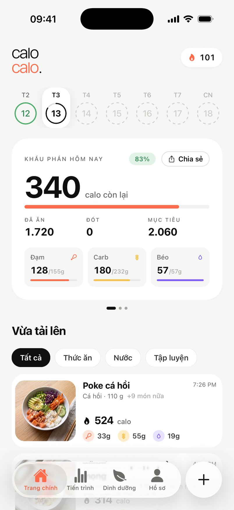 Màn hình chính CaloCalo: hôm nay còn 340 calo