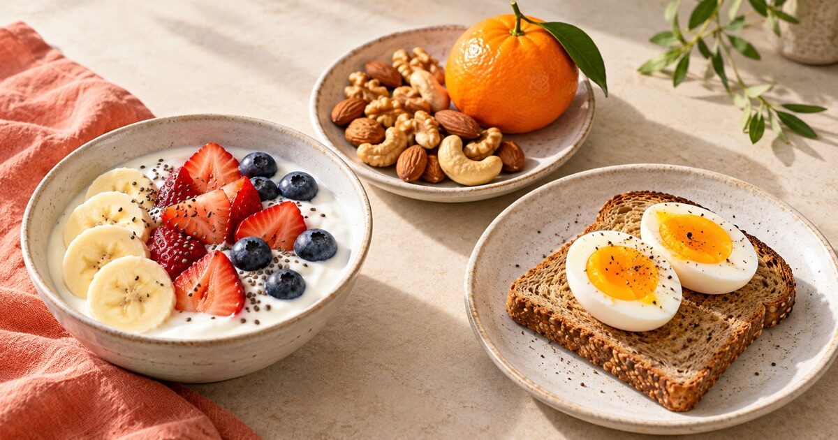 Three snack options: yogurt with fruit, nuts with a mandarin, and an egg on wholegrain toast.