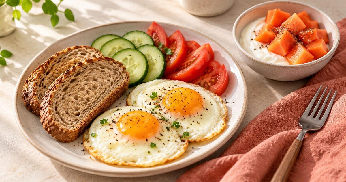 Eggs on wholegrain toast with cucumber, tomatoes and a bowl of yogurt with papaya.