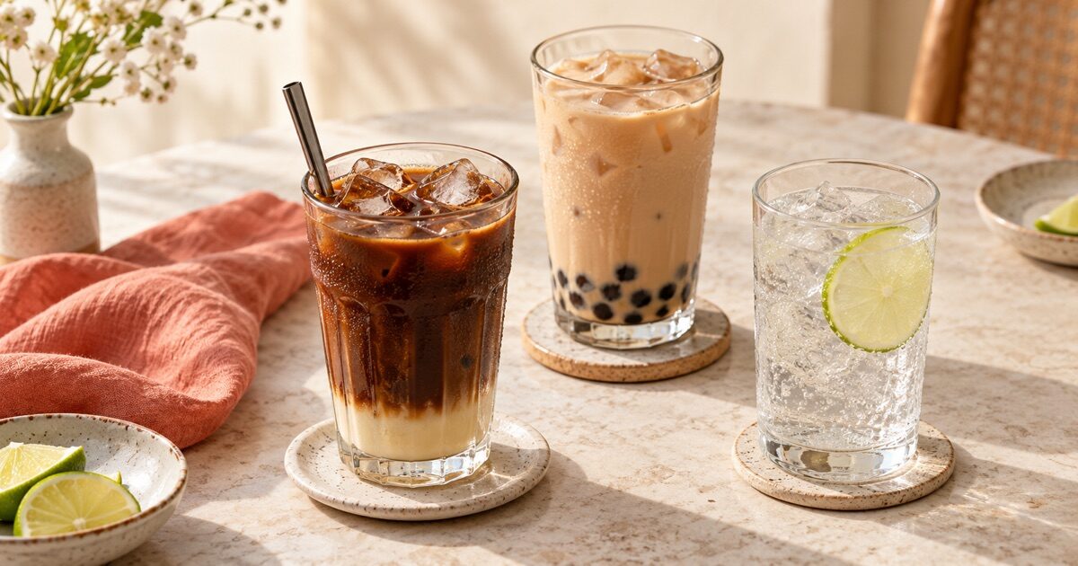 Cà phê sữa đá có lớp sữa đặc, trà sữa trân châu và ly nước có ga với lát chanh.