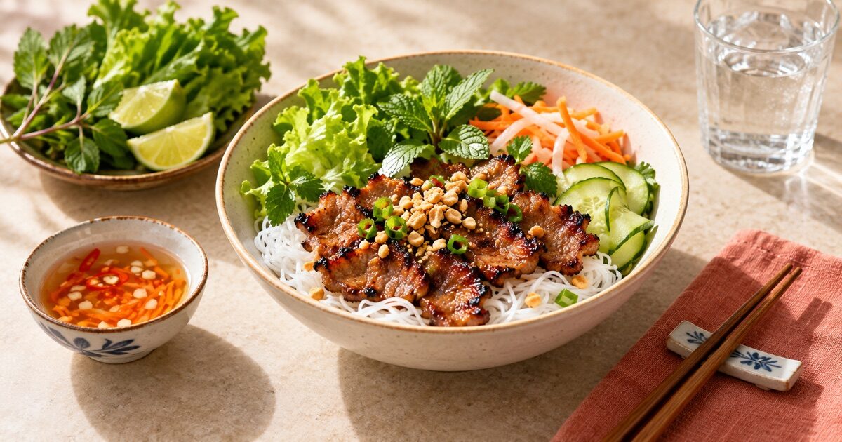 Vietnamese grilled pork and rice noodles with herbs, cucumber, dipping sauce and a glass of water.