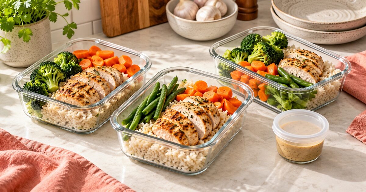 Three glass lunch containers with rice, chicken and vegetables, plus a separate dressing container.