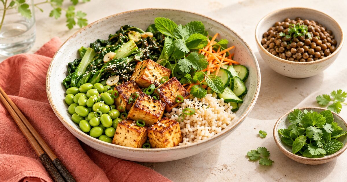 A bowl of tofu, edamame, rice, vegetables and herbs, with lentils served on the side.